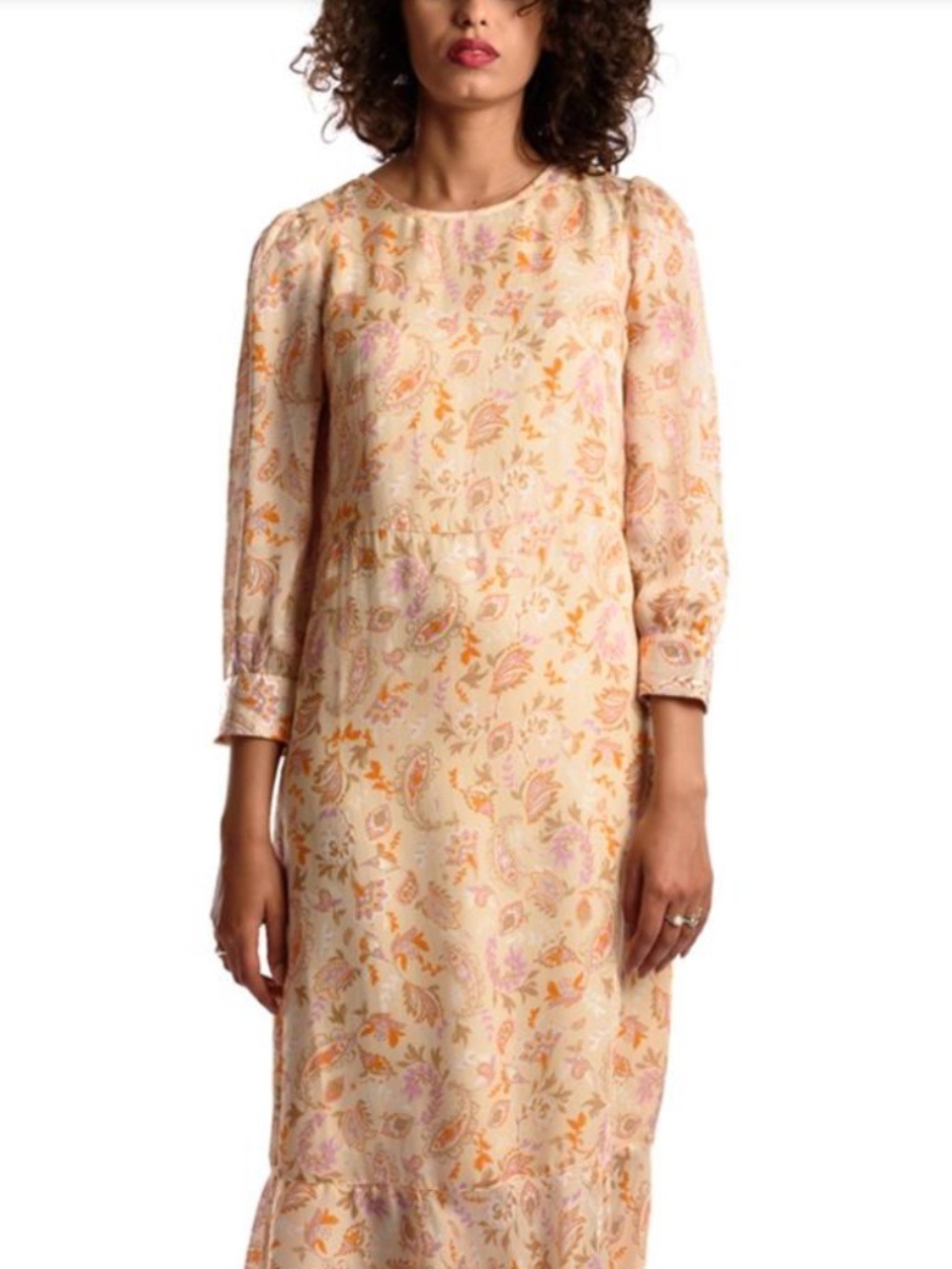 MOS MOSH Denmark cupro silky peach floral vintage style midi dress L *hemmed